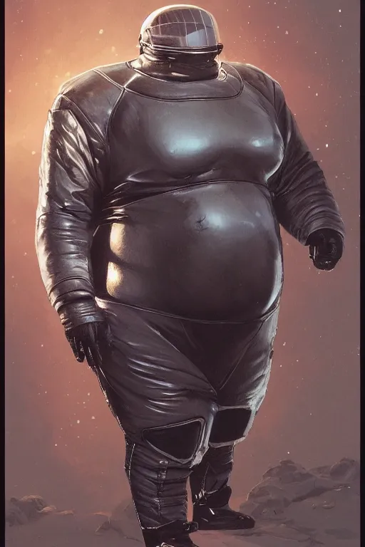 Prompt: upper body portrait of a morbidly obese man wearing leather spacesuit, bionic eye, detailed, illustration by normal rockwell, artstation character art, john william waterhouse, concept art, greg rutkowski