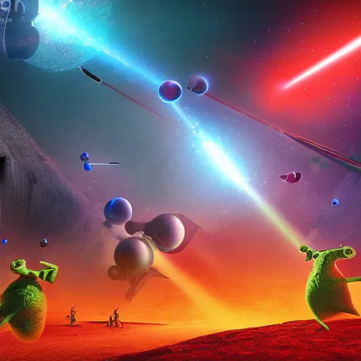 Image similar to laser war between funny creatures on a planet, digital art, award winning 4K