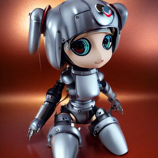 Image similar to cute chibi pvc figure of a robot girl, steampunk knight armor, energetic, anime, vray