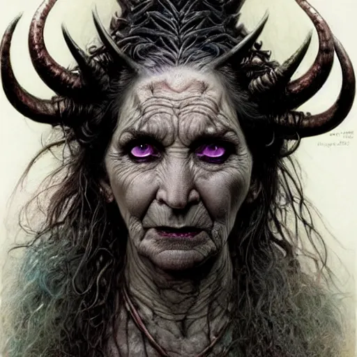 Image similar to head and shoulders portrait of an evil, black - skinned, horned night hag portrayed by olympia dukakis, d & d, fantasy, luis royo, magali villeneuve, donato giancola, wlop, krenz cushart