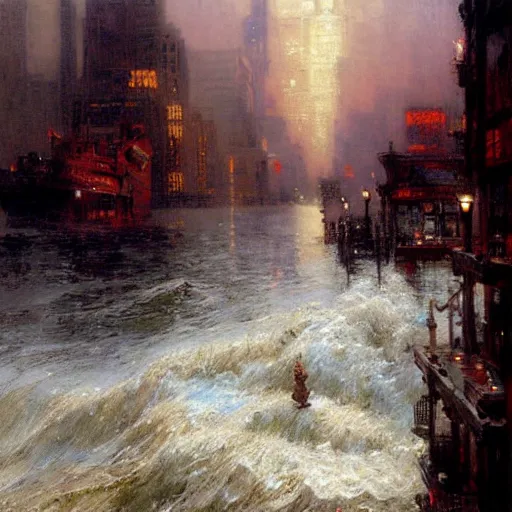 Image similar to the sea flooding the entire city of modern new york. highly detailed painting by gaston bussiere, craig mullins, j. c. leyendecker