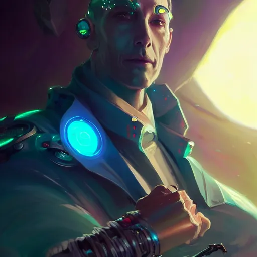 Image similar to a portrait of a handsome cybernetic fortune teller, cyberpunk concept art by pete mohrbacher and wlop and artgerm and josan gonzales, digital art, highly detailed, intricate, sci-fi, sharp focus, Trending on Artstation HQ, deviantart, unreal engine 5, 4K UHD image