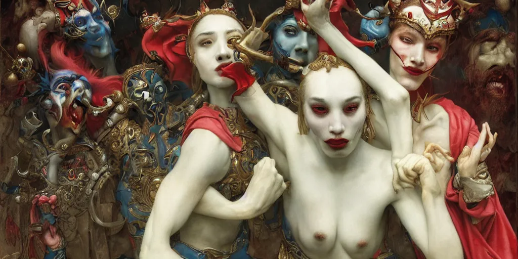 Prompt: epic masterpiece court of the crimson king, crying, jester in acrobatic pose, beautiful face and flawless skin, by Edgar Maxence and Ross Tran and Michael Whelan