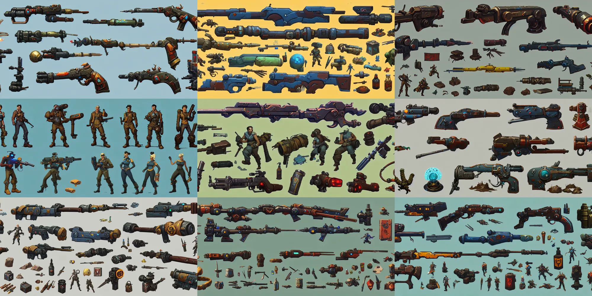 Prompt: game asset of fallout gun, in gouache detailed paintings, props, stylized, 2 d sprites asset sheet, kitbash, arcane, prop rocks, overwatch, many color scheme, 8 k, close up, top down view