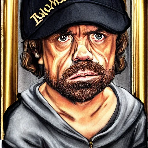 Image similar to Tyrion Lannister wearing a black baseball cap with a gold necklace that spells LEONIE, looking hiphop style painting