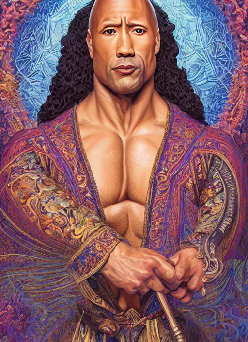 Image similar to beautiful oil painting, portrait of Dwayne the rock Johnson as Louis xiv in coronation robes 1701, Dan Mumford, Dan Mumford, Dan Mumford, Alex grey, Alex grey, lsd visuals, dmt fractal patterns, entheogen, psychedelic, hallucinogen, highly detailed, ornate, vaporwave