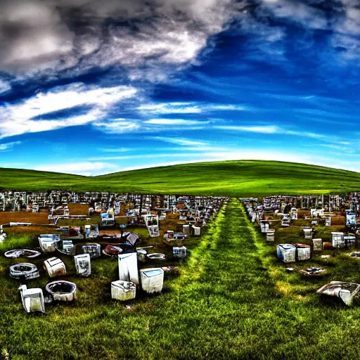 Image similar to windows xp screensaver with many broken dilapidated old computers graveyard, wide angle lens