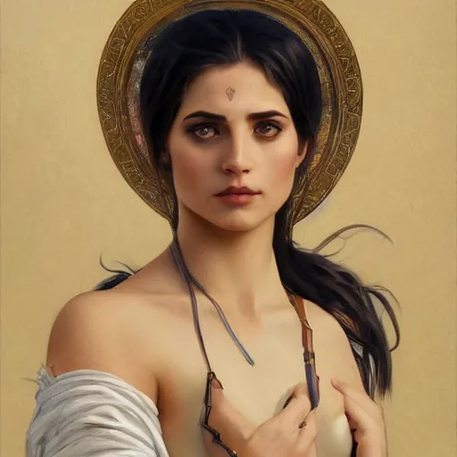 Image similar to A seductive twenty year old Mesopotamian witch in training, fully clothed in a major Mesopotamian city, portrait, highly detailed, digital painting, artstation, concept art, sharp focus, illustration, cinematic lighting, art by artgerm and greg rutkowski and alphonse mucha
