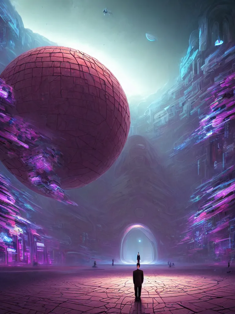 Image similar to entrance to ethereal realm, humans and robots, rendered in unreal engine, central composition, symmetrical composition, dreamy colorful cyberpunk colors, 6 point perspective, fantasy landscape with anthropomorphic!!! terrain!!! in the styles of igor morski, jim warren, and rob gonsalves, intricate, hyperrealistic, volumetric lighting, big sky, distinct horizon