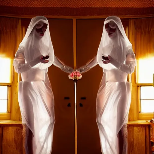 Prompt: award winning photo Floating twins, buxom nuns, wearing translucent habits, see through dress, Very long arms, in a bedroom, eerie, frightening, highly detailed, photorealistic —width 1024 —height 1024