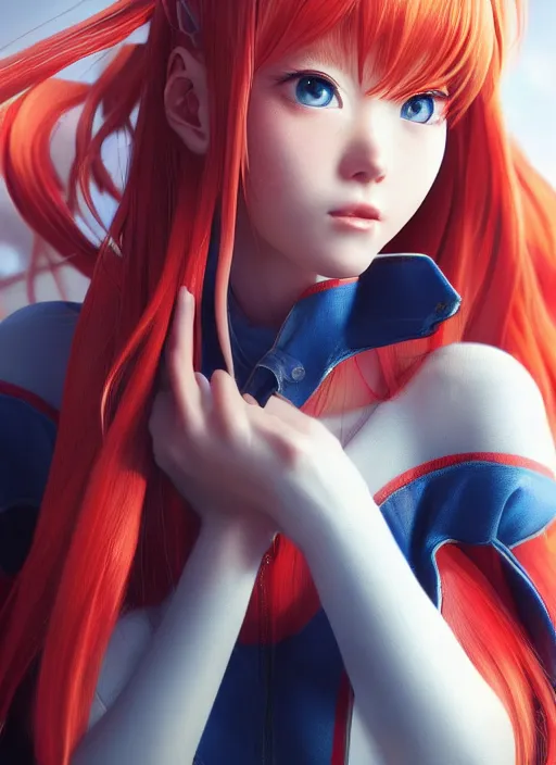 Image similar to a studio photograph of a beautiful Asuka Langley, portrait by Ross Tran and WLOP, trending on Instagram, trending on ArtStation, trending on pixiv, ultra detailed, octane render, CGsociety, HDR, 8k, 4k, wallpaper