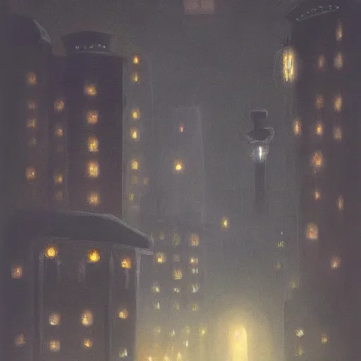 Prompt: a mysterious city at night by Shaun Tan