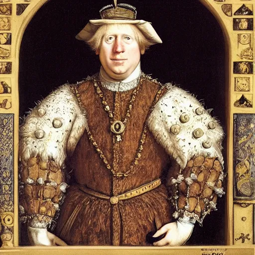 Image similar to A royal portrait of the King of England Boris Johnson, painted by Hans Holbein, British Museum, 16th century art