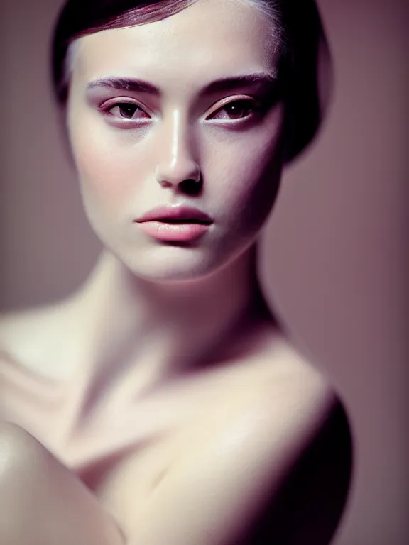 Prompt: kodak portra 4 0 0 photo portrait of a beautiful woman, sub surface scattering, hair style, fine art photography in style of giovanni gastel, 1 5 0 mm lens, f 2. 4, elegant, sharp focus, ethereal, emotionally evoking, head in focus, soft blur, matt colours, volumetric lighting, hyper realistic, ultra detailed