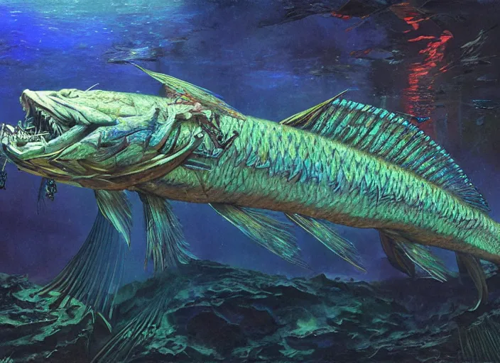 Image similar to electronic glowing pike fish, cybernetic, glowing veins subsurface scattering, underwater photography, by gerald brom, by mikhail vrubel, by peter elson, muted colors, extreme detail, trending on artstation, 8 k