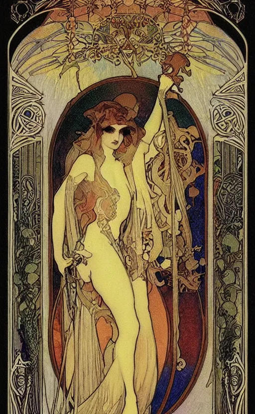 Image similar to the magician, tarot, beautiful border, by alfons maria mucha, highly detailded