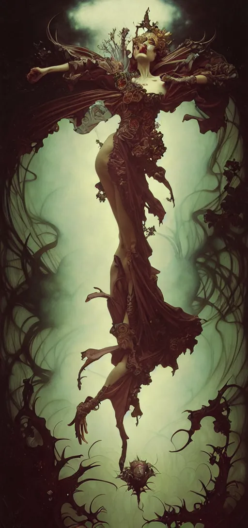 Image similar to baroque oil painting of full body vampire princess portrait, by nekro, peter mohrbacher, alphonse mucha, brian froud, yoshitaka amano, kim keever, victo ngai, james jean