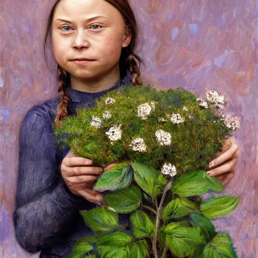 Prompt: Crying Greta Thunberg holding a green plant, impressionism, barren earth, gloomy colors, brown background, vivid attention to detail, by Greg Rutkowksi and Ilya Repin and Ander Duran