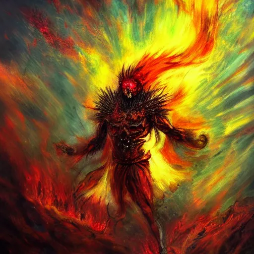 Prompt: The God of Chaos exploding in anger, impressionistic painting, dark coloring, featured on artstation