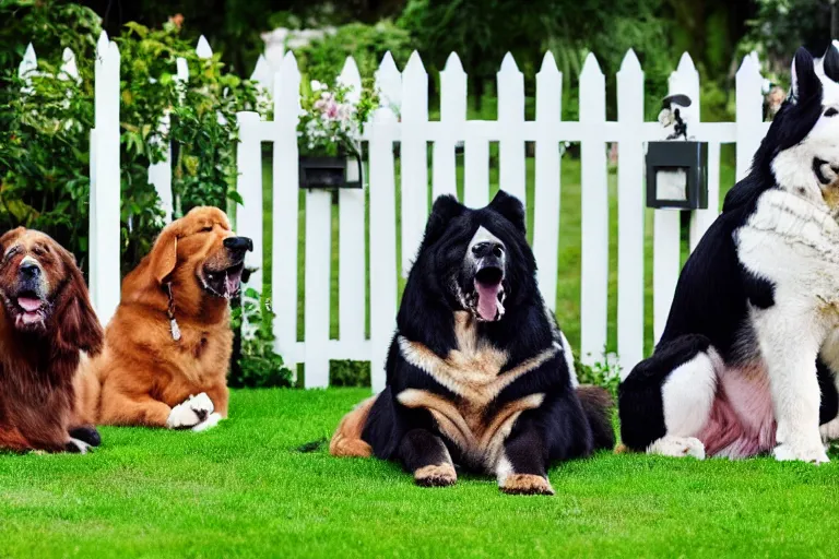 Image similar to large dogs doing yoga in a garden, white picket fence, happy, serene, cinematic, 4 k, photorealistic, press photo,