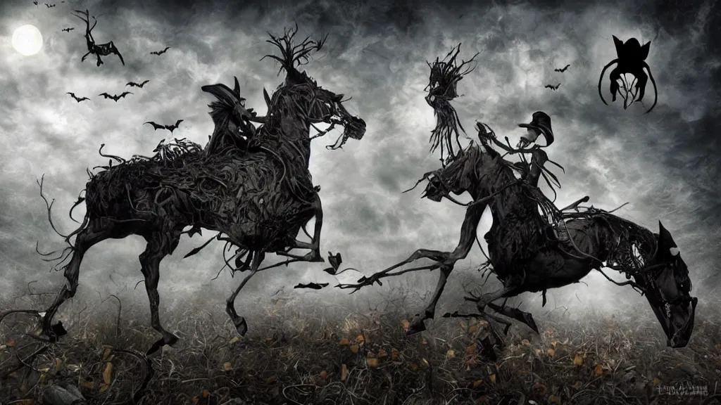 Prompt: halloween headless horseman theme surrealist art in the styles of igor morski, jim warren, and a tim burton film, intricate, hyperrealistic, volumetric lighting