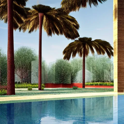 Image similar to architectural rendering of biophilia brutalism building in the desert, pool, garden