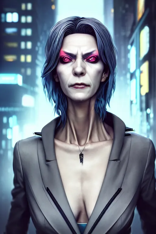 Image similar to hyperdetailed very close portrait of a european fourty years old skinny woman with grey eyes in a fabric suit with a pin in a cyberpunk city inspired by ross tran and wlop and masamune shirow and kuvshinov, concept art, intricate, photorealistic, octane render, rtx, hdr, unreal engine, dnd digital art by artgerm