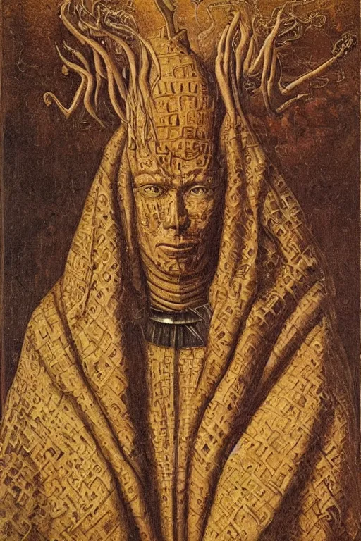 Prompt: portrait of nyarlathotep, oil painting by jan van eyck, northern renaissance art, oil on canvas, wet - on - wet technique, realistic, expressive emotions, intricate textures, illusionistic detail