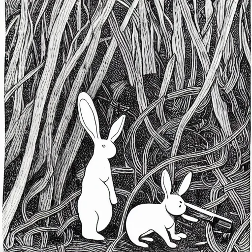 Image similar to isometric, precisely drawn, fine detailed, intense line work, drawing of a white bunny smoking a big cigarette in the deep tangled forest, by edward gorey, black ink on white paper