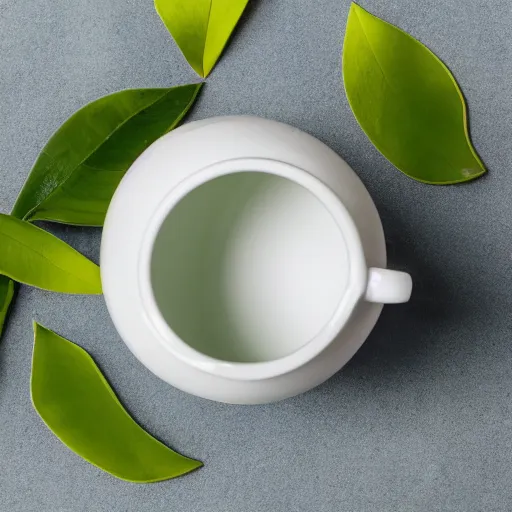 Image similar to ceramic mug surrounded by white flowers and green leaves, soft clean zen minimalist, white background, brightly lit, cool crisp