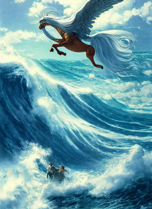 Image similar to pegasus runing through ocean wave, exquisite details, denoised, mid view, byi by alan lee, norman rockwell, makoto shinkai, kim jung giu, poster art, game art