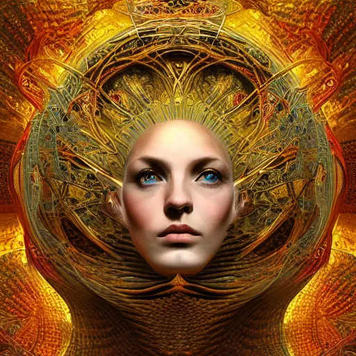 Image similar to Divine Chaos Engine by Karol Bak, Jean Deville, Gustav Klimt, and Vincent Van Gogh, celestial, visionary, sacred, fractal structures, ornate realistic gilded medieval icon, spirals, octane render