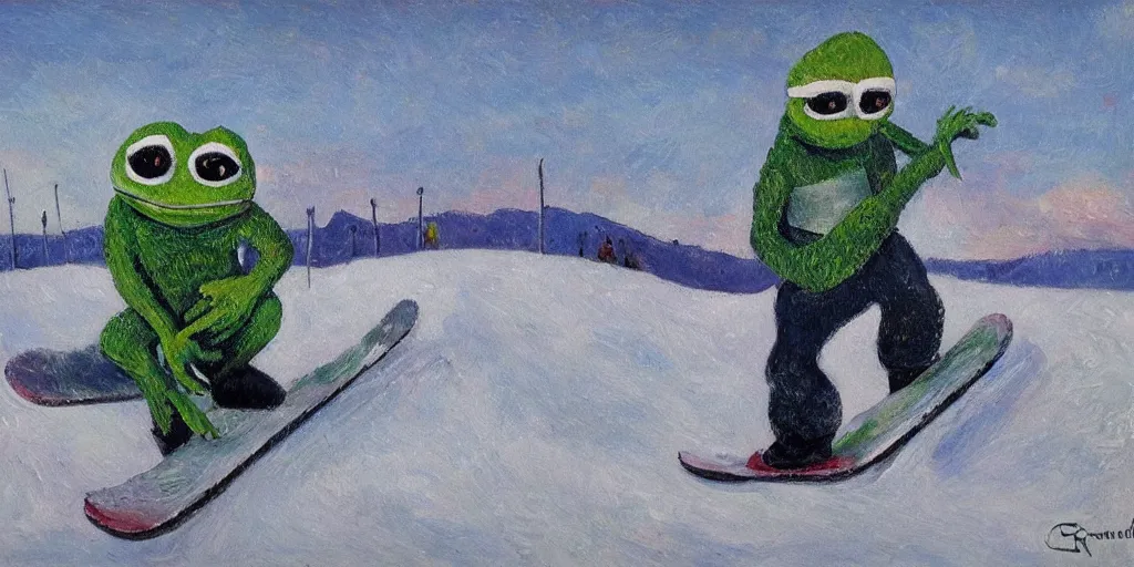 Image similar to pepe the frog snowboarding, gloomy landscape, expressive oil painting by christopher radlund and camille pissaro