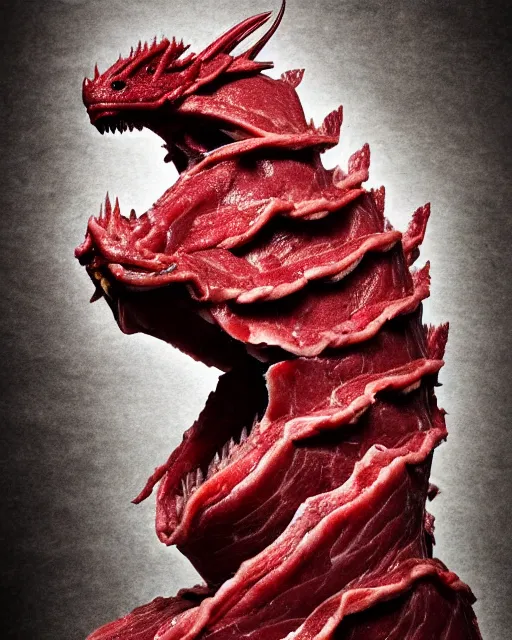 Prompt: a dragon made completely of raw meat parts, realistic, photography, high definition, sharp focus, highly detailed, fine art