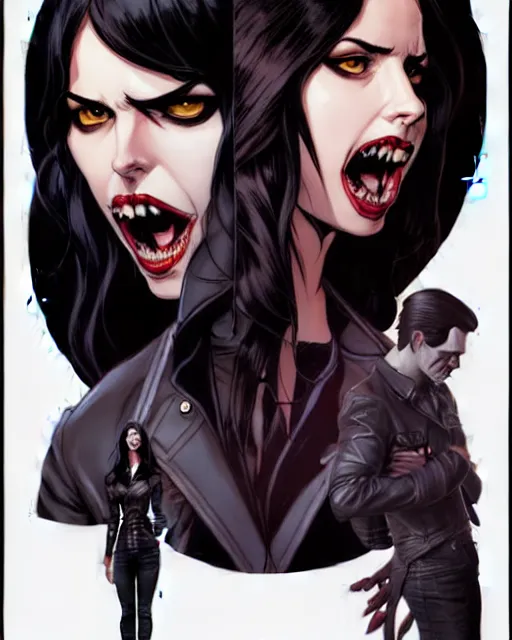 Image similar to rafael albuquerque comic art, peter mohrbacher, phil noto, steve niles, artgerm, pretty willa holland vampire sharp vampire teeth open mouth, symmetrical eyes, black leather jacket, jeans, long black hair