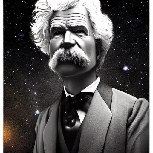 Image similar to mark twain stands at the edge of the universe, artgerm