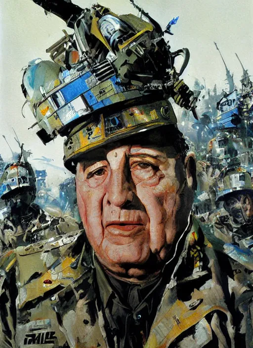 Prompt: cyborg militar pinochet painting by john berkey