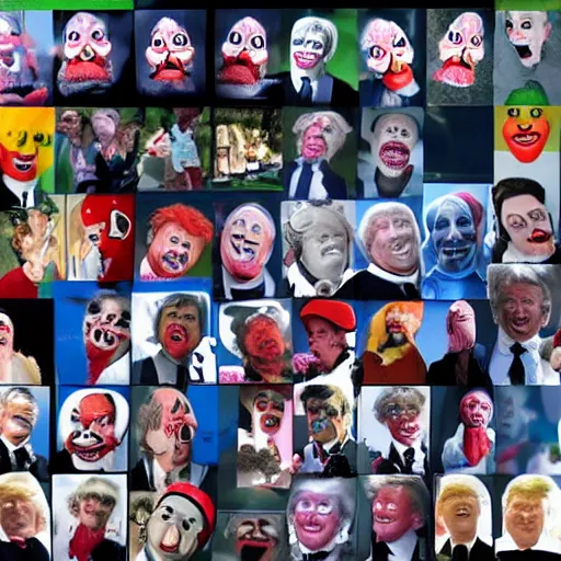 Prompt: a collage of clown pictures that make donald trumps face