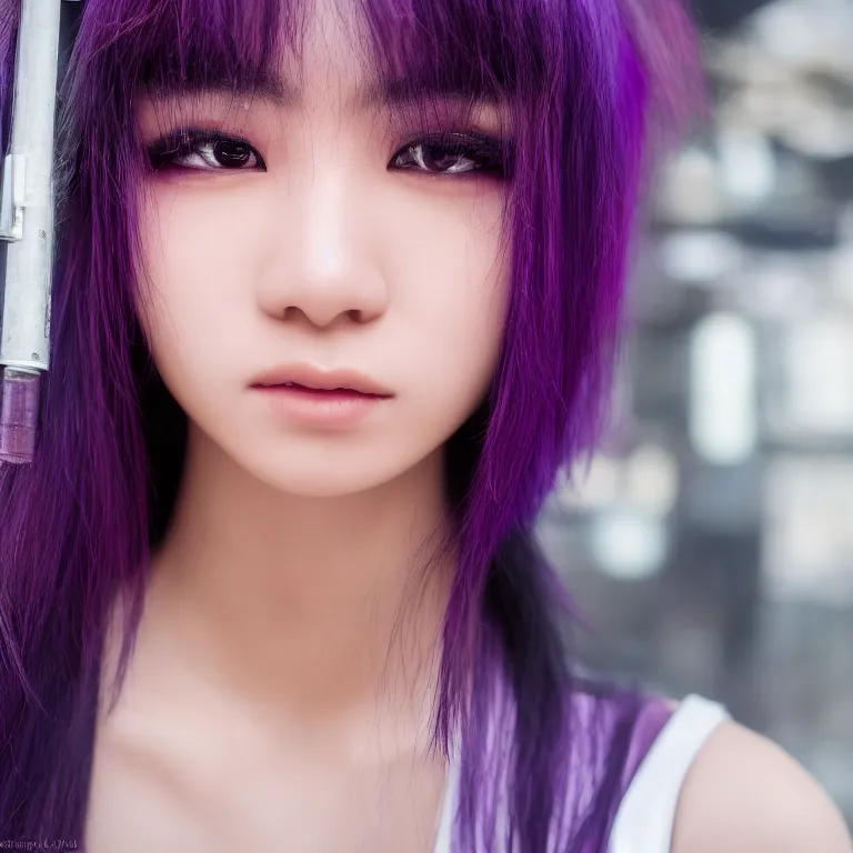 Image similar to Close up portrait of a young Asian Cyberpunk woman with dark purple hair, highly detailed, high quality, HD, 4K, 8K, Canon 300mm, professional photographer, 40mp, lifelike, top-rated, award winning, realistic, sharp, no blur, edited, corrected, trending