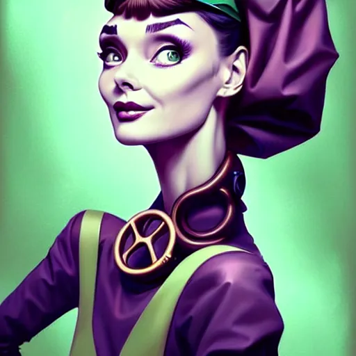 Image similar to in the style of peter mohrbacher, artgerm, beautiful audrey hepburn, steampunk, elegant pose, middle shot, spooky, symmetrical face symmetrical eyes, three point lighting, detailed realistic eyes, short neck, purple and green top clothing, insanely detailed and intricate elegant