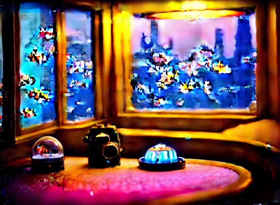 Image similar to telephoto 7 0 mm f / 2. 8 iso 2 0 0 photograph depicting the feeling of chrysalism in a cosy cluttered french sci - fi ( art nouveau ) cyberpunk apartment in a pastel dreamstate art cinema style. ( aquarium, computer screens, window ( city ), leds, lamp, ( ( ( aquarium bed ) ) ) ), ambient light.