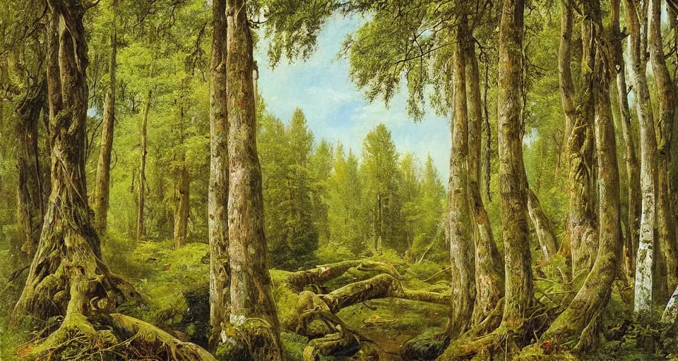 Image similar to looking up at on ancient willow forest, hemlocks, moss, stream, intricate, vivid colors, elegant, highly detailed, ivan shishkin, john park,