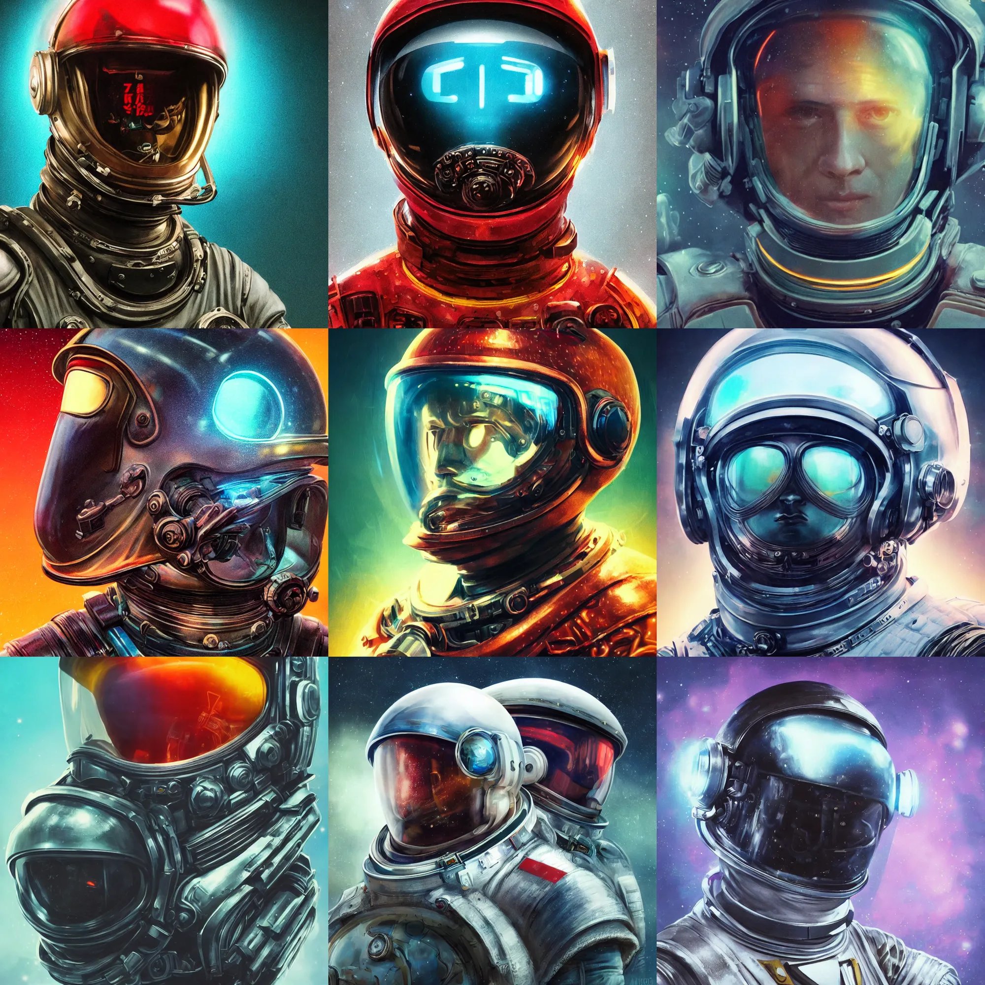 Image similar to portrait art of 8k ultra realistic retro futuristic soviet cosmonaut, helmet visor open, glow around helmet, deep space , detailed intricate ornate armour,blade runner, cybernetic, full of colour, cinematic lighting, trending on artstation, 4k, hyperrealistic, focused, extreme details,unreal engine 5, cinematic, masterpiece, art by ayami kojima, giger