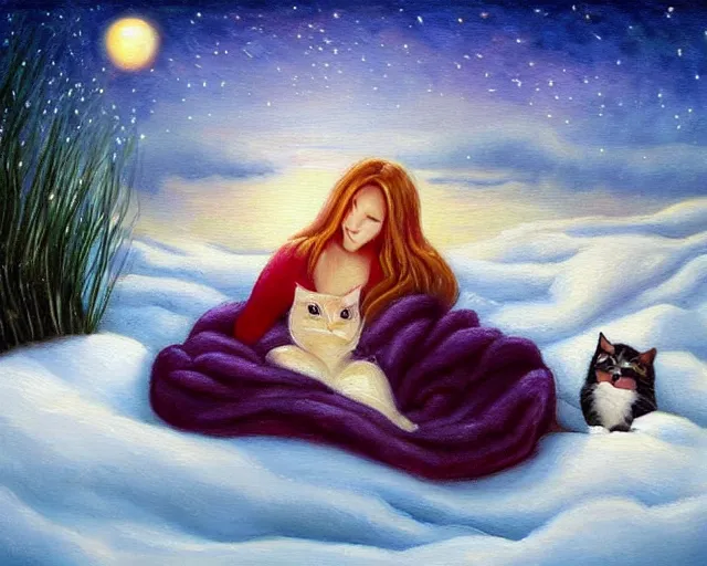 Prompt: a beautiful warm fuzzy painting of a woman curled up with a blanket, petting a cat who is purring with eyes closed. they are both sitting next to a window watching the sun set in winter, by anne stokes, trending on artstation, concept art, lofi, digital illustration