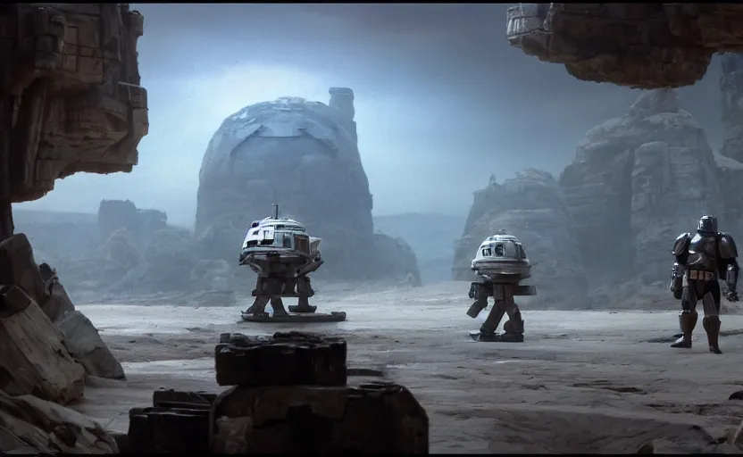 Prompt: still image screenshot floating boulder planet, castles floating in mid air, jedi temples from the tv show mandalorian on disney +, scene with a dozen jedi soldiers igniting lightsabers looking up at - at imperial walkers, anamorphic lens, 3 5 mm film kodak