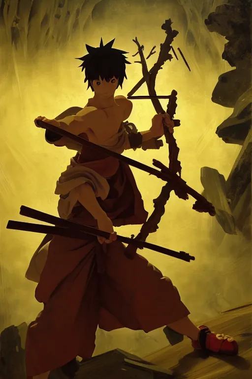 Image similar to baroque oil painting of key visual portrait concept art of anime monk fighting with a wood weapon in a dungeon, brutalist, dark fantasy, rule of thirds golden ratio, fake detail, trending pixiv fanbox, acrylic palette knife, style of makoto shinkai studio ghibli genshin impact jamie wyeth james gilleard greg rutkowski chiho aoshima