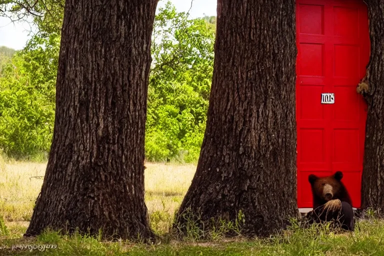 Image similar to grizzly wearing a red shirt sitting outside big tree with a red door by Roger Deakins