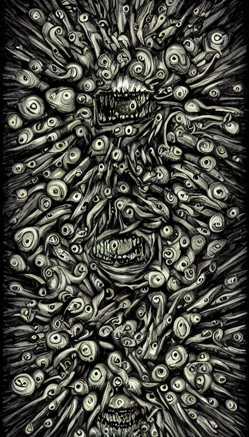 Image similar to a storm vortex made of many demonic eyes and teeth, by steve argyle