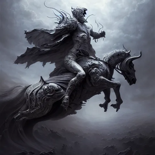 Image similar to concept art by artgerm, death of the four horsemen of the apocalypse, soft grey and blue natural light, intricate, queen of death riding, highly detailed dark art, digital painting, artstation, concept art, smooth, sharp focus, illustration, art by greg rutkowski and luis rollo and uang guangjian and gil elvgren, symmetry!