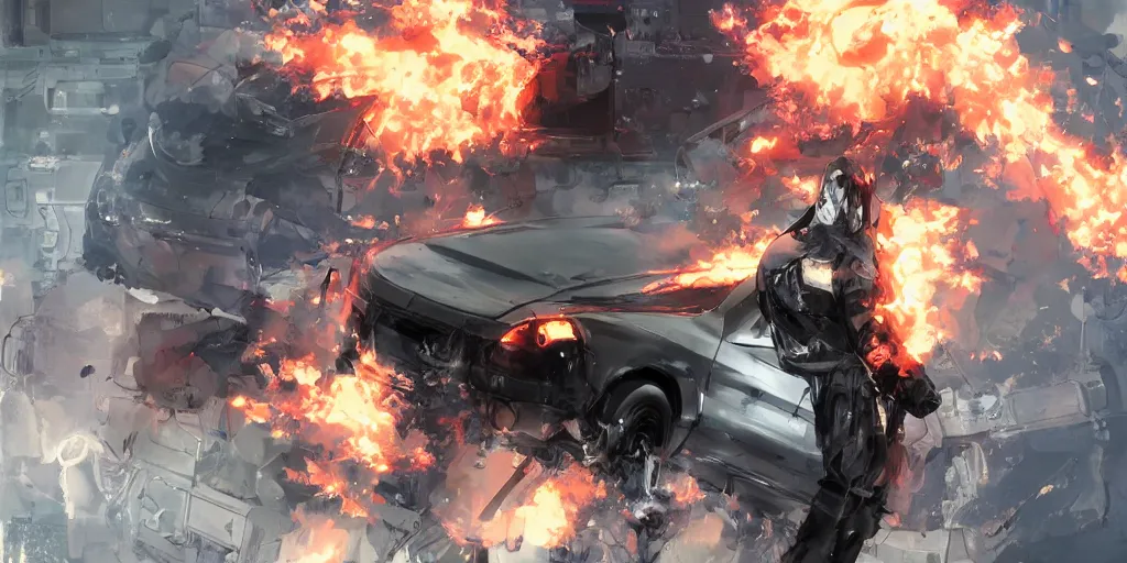 Prompt: hazmat suit soldier with a visible aura floating above car on fire by yoji shinkawa, katayama bokuyo, agnes cecile, character concept art, vibrant colors, 8 k epic scene